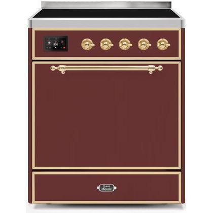 ILVE - Majestic II Series - 30 Inch Electric Freestanding Range (UMI30QNE3) - Burgundy with Brass Trim