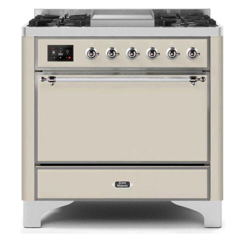 ILVE 36 Inch Majestic II Series Natural/ Propane Gas Burner and Electric Oven Range with 6 Sealed Burners (UM09FDQNS3) - Antique White with Chrome Trim