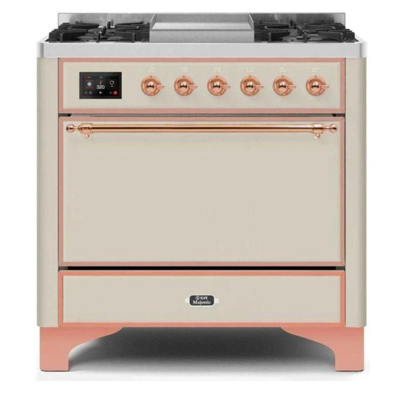 ILVE 36 Inch Majestic II Series Natural/ Propane Gas Burner and Electric Oven Range with 6 Sealed Burners (UM09FDQNS3) - Antique White with Copper Trim