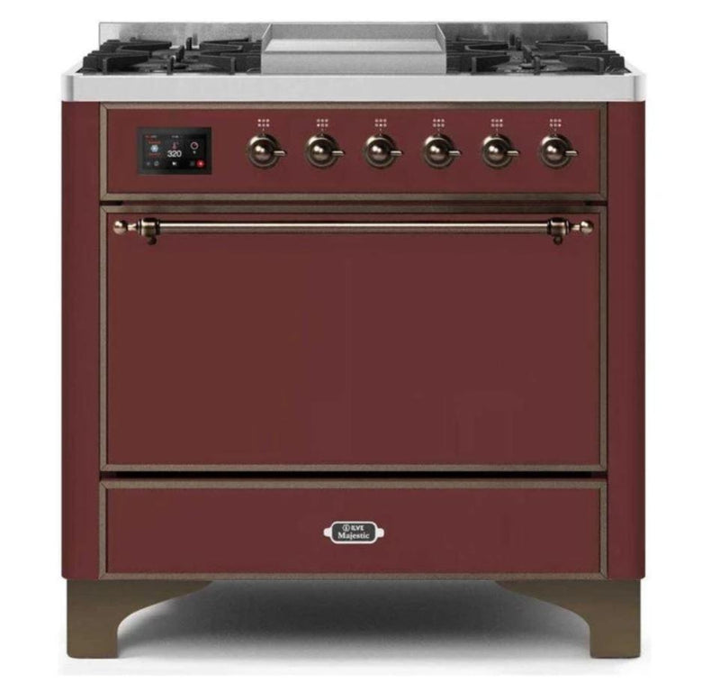 ILVE 36 Inch Majestic II Series Natural/ Propane Gas Burner and Electric Oven Range with 6 Sealed Burners (UM09FDQNS3) - Burgundy with Bronze Trim