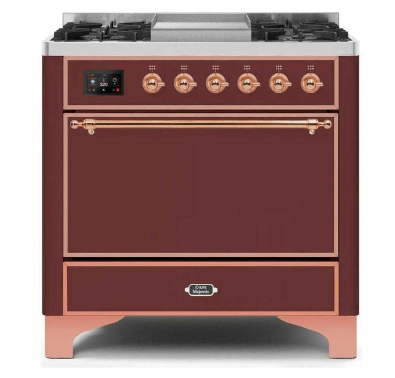 ILVE 36 Inch Majestic II Series Natural/ Propane Gas Burner and Electric Oven Range with 6 Sealed Burners (UM09FDQNS3) - Burgundy with Copper Trim