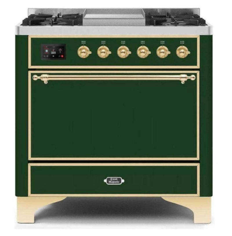 ILVE 36 Inch Majestic II Series Natural/ Propane Gas Burner and Electric Oven Range with 6 Sealed Burners (UM09FDQNS3) - Emerald Green with Brass Trim