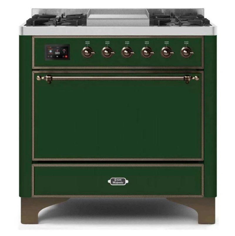 ILVE 36 Inch Majestic II Series Natural/ Propane Gas Burner and Electric Oven Range with 6 Sealed Burners (UM09FDQNS3) - Emerald Green with Bronze Trim