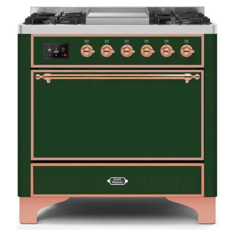 ILVE 36 Inch Majestic II Series Natural/ Propane Gas Burner and Electric Oven Range with 6 Sealed Burners (UM09FDQNS3) - Emerald Green with Copper Trim