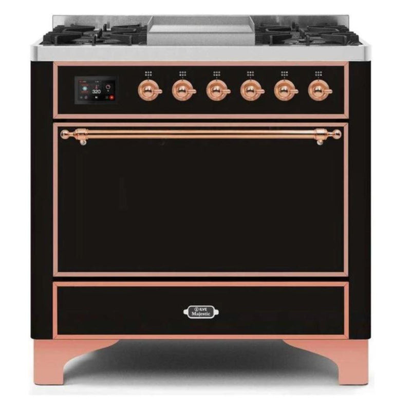 ILVE 36 Inch Majestic II Series Natural/ Propane Gas Burner and Electric Oven Range with 6 Sealed Burners (UM09FDQNS3) - Glossy Black with Copper Trim