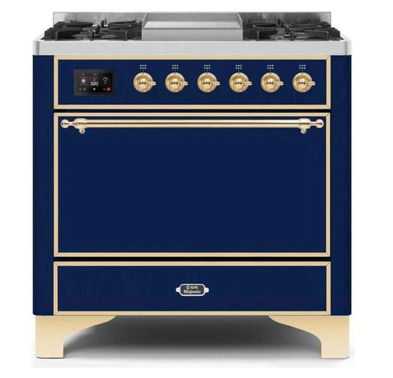ILVE 36 Inch Majestic II Series Natural/ Propane Gas Burner and Electric Oven Range with 6 Sealed Burners (UM09FDQNS3) - Midnight Blue with Brass Trim