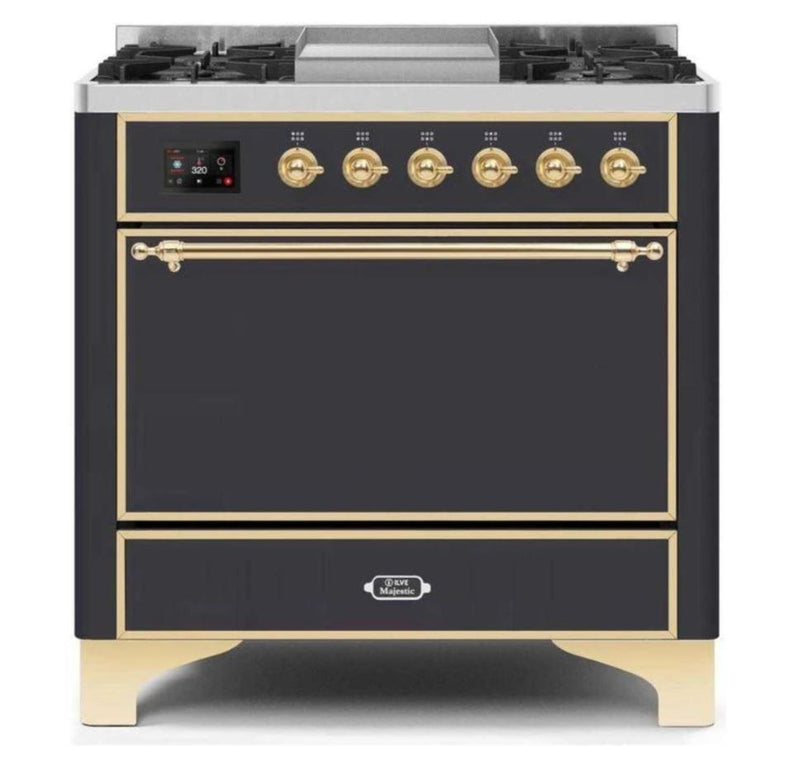 ILVE 36 Inch Majestic II Series Natural/ Propane Gas Burner and Electric Oven Range with 6 Sealed Burners (UM09FDQNS3) - Matte Graphite with Brass Trim