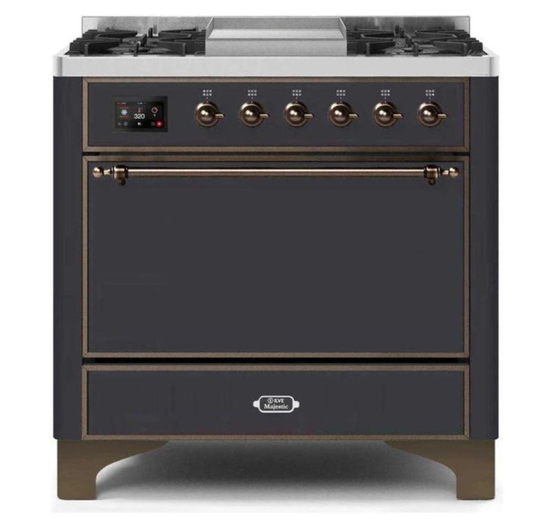 ILVE 36 Inch Majestic II Series Natural/ Propane Gas Burner and Electric Oven Range with 6 Sealed Burners (UM09FDQNS3) - Matte Graphite with Bronze Trim