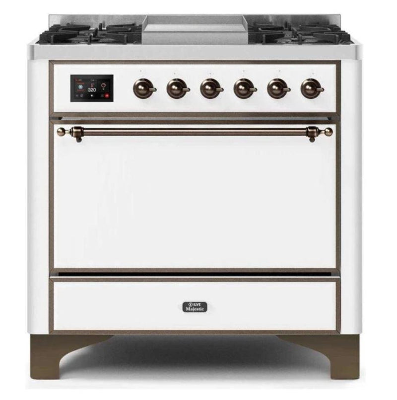 ILVE 36 Inch Majestic II Series Natural/ Propane Gas Burner and Electric Oven Range with 6 Sealed Burners (UM09FDQNS3) - White with Bronze Trim