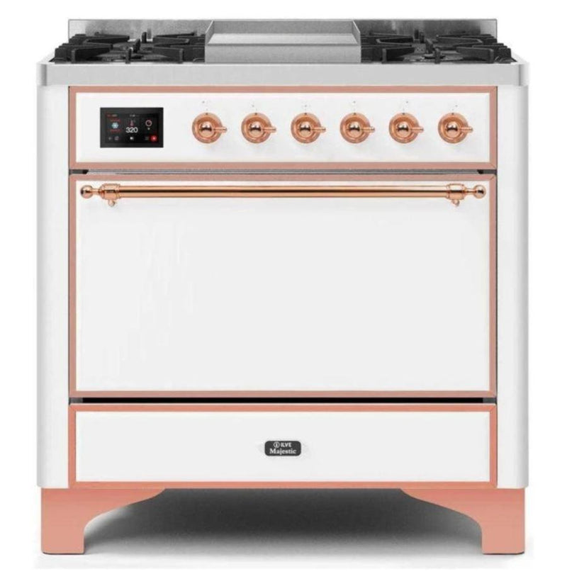 ILVE 36 Inch Majestic II Series Natural/ Propane Gas Burner and Electric Oven Range with 6 Sealed Burners (UM09FDQNS3) - White with Copper Trim