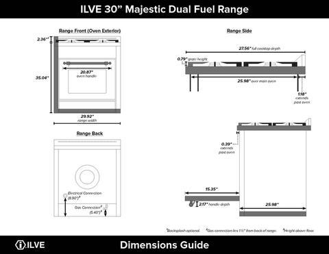 ILVE 36" Majestic II Series Dual Fuel Gas Range with 6 Burners with 3.5 cu. ft. Oven Capacity TFT Oven Control Display (UM096DNS) - Dimensions Chart