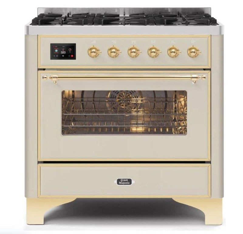 ILVE 36" Majestic II Series Dual Fuel Gas Range with 6 Burners with 3.5 cu. ft. Oven Capacity TFT Oven Control Display (UM096DNS) - Antique White with Brass Trim