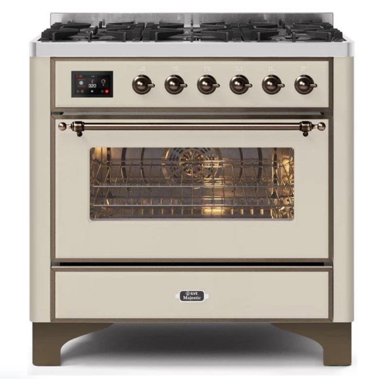 ILVE 36" Majestic II Series Dual Fuel Gas Range with 6 Burners with 3.5 cu. ft. Oven Capacity TFT Oven Control Display (UM096DNS) - Antique White with Bronze Trim