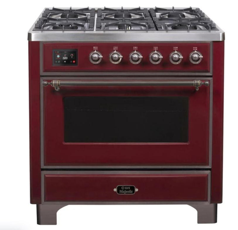 ILVE 36" Majestic II Series Dual Fuel Gas Range with 6 Burners with 3.5 cu. ft. Oven Capacity TFT Oven Control Display (UM096DNS) - Burgundy with Bronze Trim