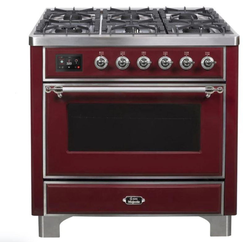 ILVE 36" Majestic II Series Dual Fuel Gas Range with 6 Burners with 3.5 cu. ft. Oven Capacity TFT Oven Control Display (UM096DNS) - Burgundy with Chrome Trim