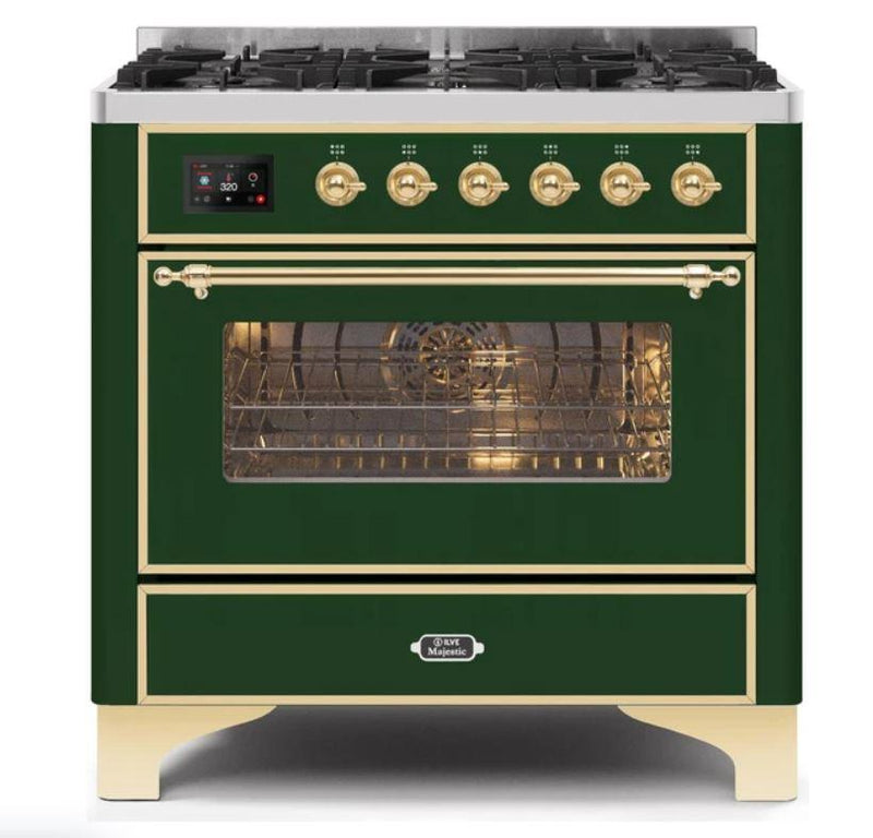 ILVE 36" Majestic II Series Dual Fuel Gas Range with 6 Burners with 3.5 cu. ft. Oven Capacity TFT Oven Control Display (UM096DNS) - Emerald Green with Brass Trim