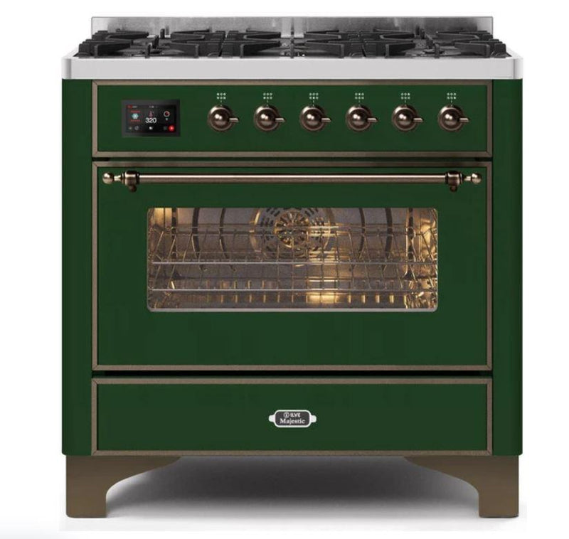 ILVE 36" Majestic II Series Dual Fuel Gas Range with 6 Burners with 3.5 cu. ft. Oven Capacity TFT Oven Control Display (UM096DNS) - Emerald Green Bronze Trim