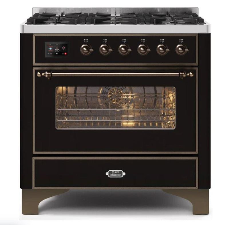 ILVE 36" Majestic II Series Dual Fuel Gas Range with 6 Burners with 3.5 cu. ft. Oven Capacity TFT Oven Control Display (UM096DNS) - Glossy Black with Bronze Trim