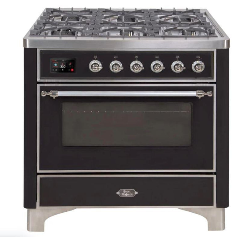 ILVE 36" Majestic II Series Dual Fuel Gas Range with 6 Burners with 3.5 cu. ft. Oven Capacity TFT Oven Control Display (UM096DNS) - Glossy Black with Chrome Trim