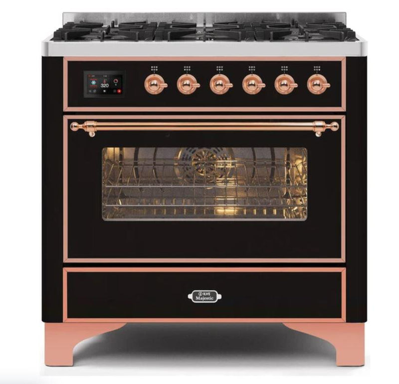 ILVE 36" Majestic II Series Dual Fuel Gas Range with 6 Burners with 3.5 cu. ft. Oven Capacity TFT Oven Control Display (UM096DNS) - Glossy Black with Copper Trim