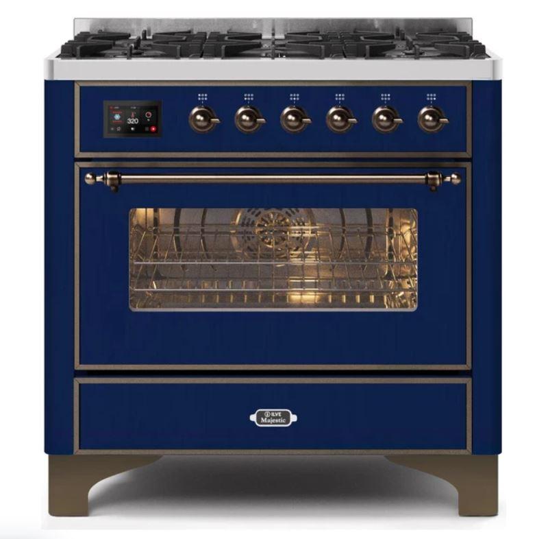 ILVE 36" Majestic II Series Dual Fuel Gas Range with 6 Burners with 3.5 cu. ft. Oven Capacity TFT Oven Control Display (UM096DNS) - Midnight Blue with Bronze Trim