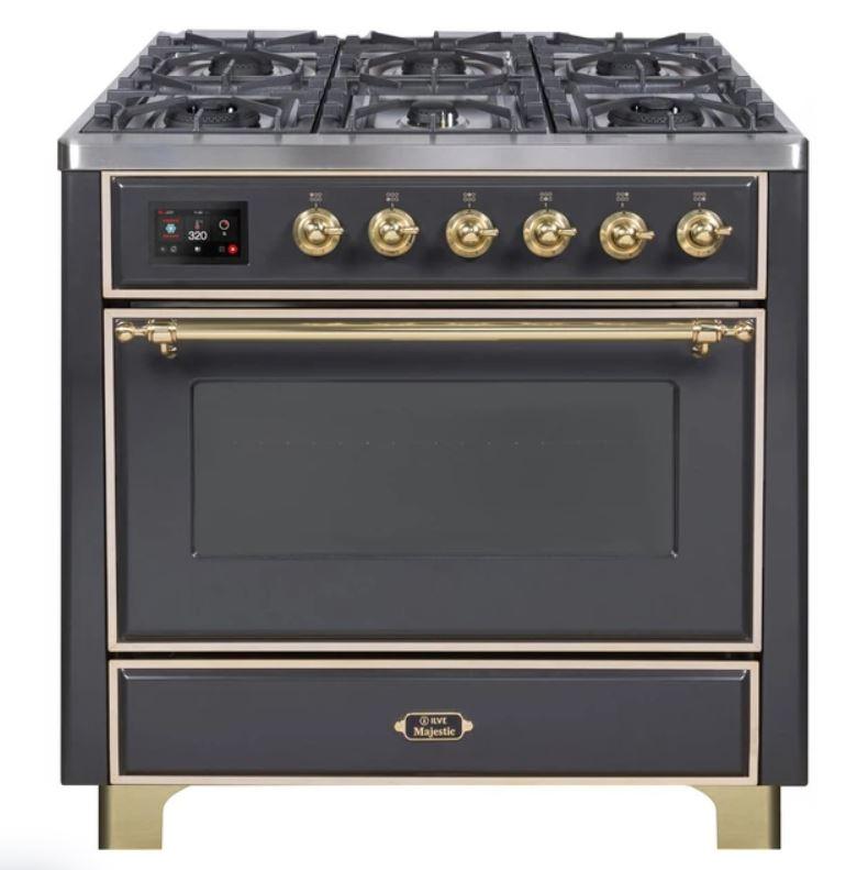 ILVE 36" Majestic II Series Dual Fuel Gas Range with 6 Burners with 3.5 cu. ft. Oven Capacity TFT Oven Control Display (UM096DNS) - Matte Graphite with Brass Trim