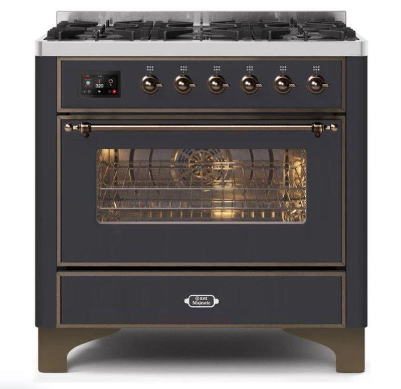 ILVE 36" Majestic II Series Dual Fuel Gas Range with 6 Burners with 3.5 cu. ft. Oven Capacity TFT Oven Control Display (UM096DNS) - Matte Graphite with Bronze Trim