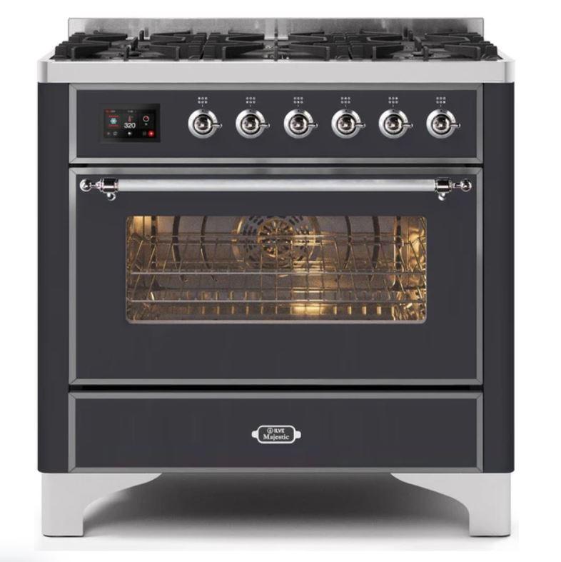 ILVE 36" Majestic II Series Dual Fuel Gas Range with 6 Burners with 3.5 cu. ft. Oven Capacity TFT Oven Control Display (UM096DNS) - Matte Graphite with Chrome Trim
