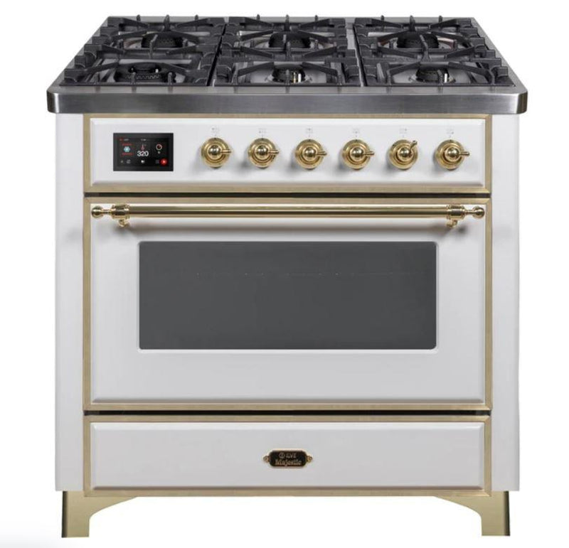 ILVE 36" Majestic II Series Dual Fuel Gas Range with 6 Burners with 3.5 cu. ft. Oven Capacity TFT Oven Control Display (UM096DNS) - White with Brass Trim
