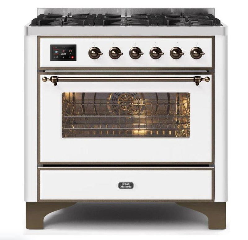 ILVE 36" Majestic II Series Dual Fuel Gas Range with 6 Burners with 3.5 cu. ft. Oven Capacity TFT Oven Control Display (UM096DNS) - White with Bronze Trim
