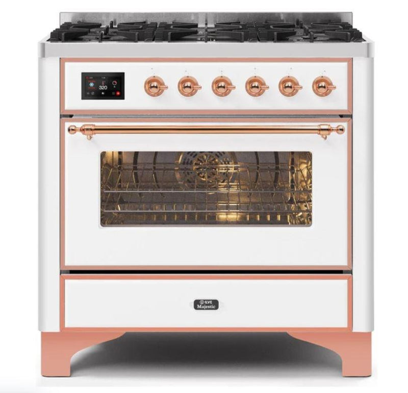ILVE 36" Majestic II Series Dual Fuel Gas Range with 6 Burners with 3.5 cu. ft. Oven Capacity TFT Oven Control Display (UM096DNS) - White with Copper Trim