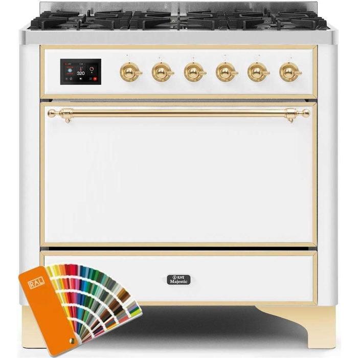 ILVE 36" Majestic II Series Dual Fuel Range Gas/Propane with 6 Sealed Burners (UM096DQNS3) - Custom RAL Color with Brass Trim