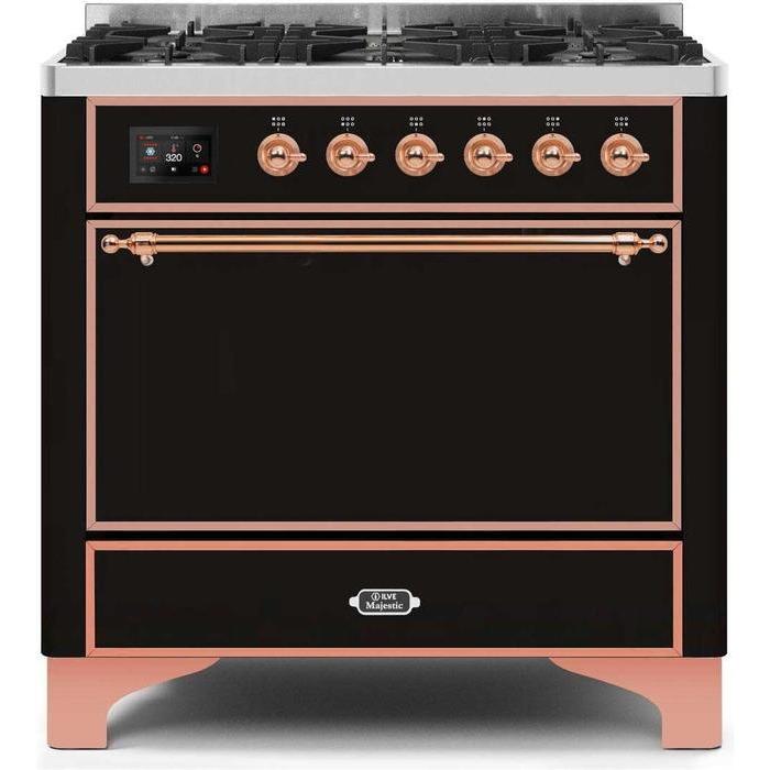 ILVE 36" Majestic II Series Dual Fuel Range Gas/Propane with 6 Sealed Burners (UM096DQNS3) - Glossy Black with Copper Trim
