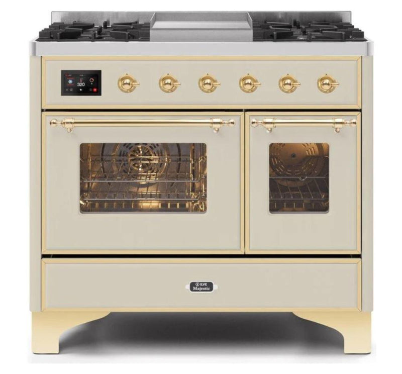ILVE 40 Inch Majestic II Series Natural Gas/ Propane Gas Burner and Electric Oven with 6 Sealed Burners (UMD10FDNS3) - Antique White with Brass Trim