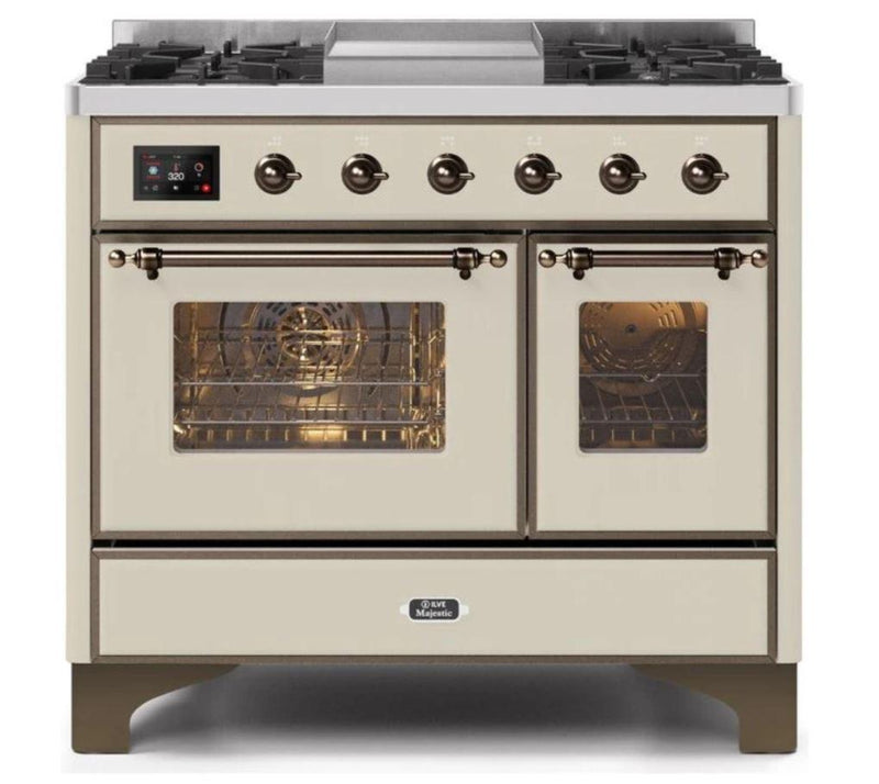 ILVE 40 Inch Majestic II Series Natural Gas/ Propane Gas Burner and Electric Oven with 6 Sealed Burners (UMD10FDNS3) - Antique White with Bronze Trim
