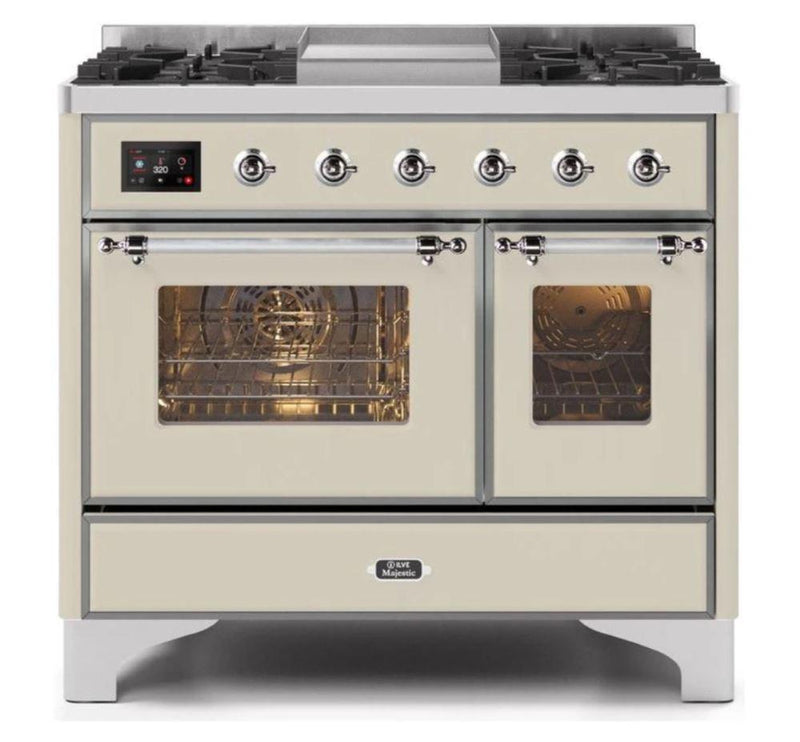 ILVE 40 Inch Majestic II Series Natural Gas/ Propane Gas Burner and Electric Oven with 6 Sealed Burners (UMD10FDNS3) - Antique White with Chrome Trim