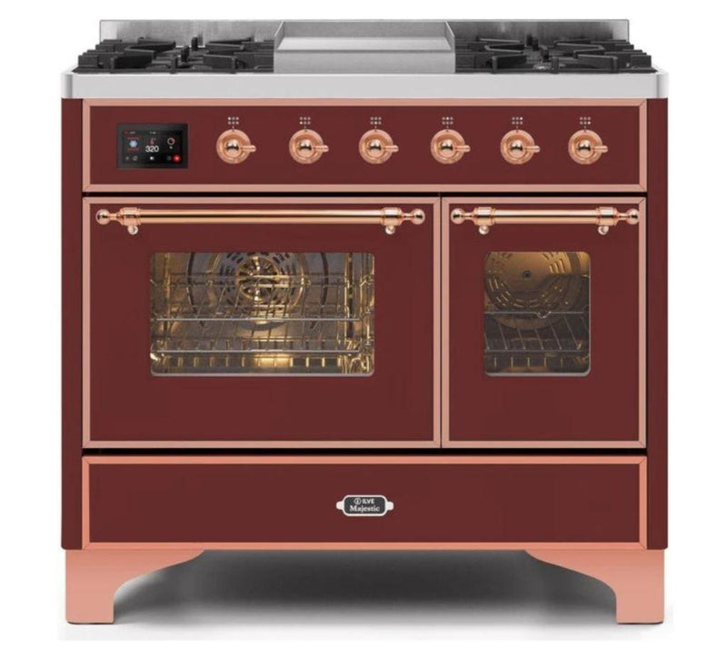 ILVE 40 Inch Majestic II Series Natural Gas/ Propane Gas Burner and Electric Oven with 6 Sealed Burners (UMD10FDNS3) - Burgundy with Copper Trim