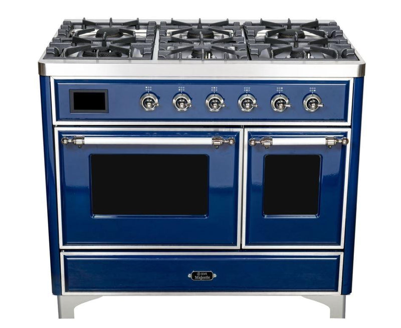 ILVE 40 Inch Majestic II Series Natural Gas/ Propane Gas Burner and Electric Oven with 6 Sealed Burners (UMD10FDNS3) - Midnight Blue with Chrome Trim