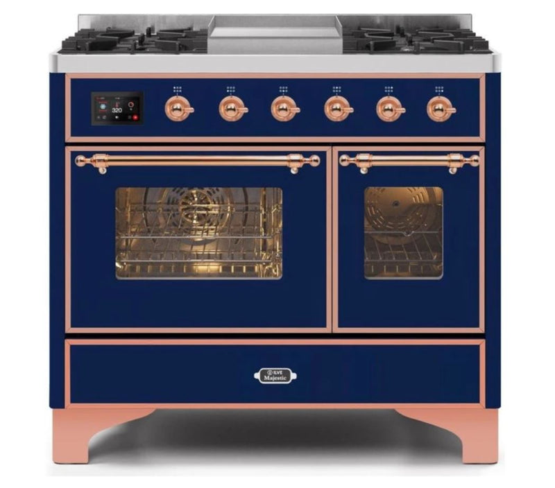 ILVE 40 Inch Majestic II Series Natural Gas/ Propane Gas Burner and Electric Oven with 6 Sealed Burners (UMD10FDNS3) - Midnight Blue with Copper Trim