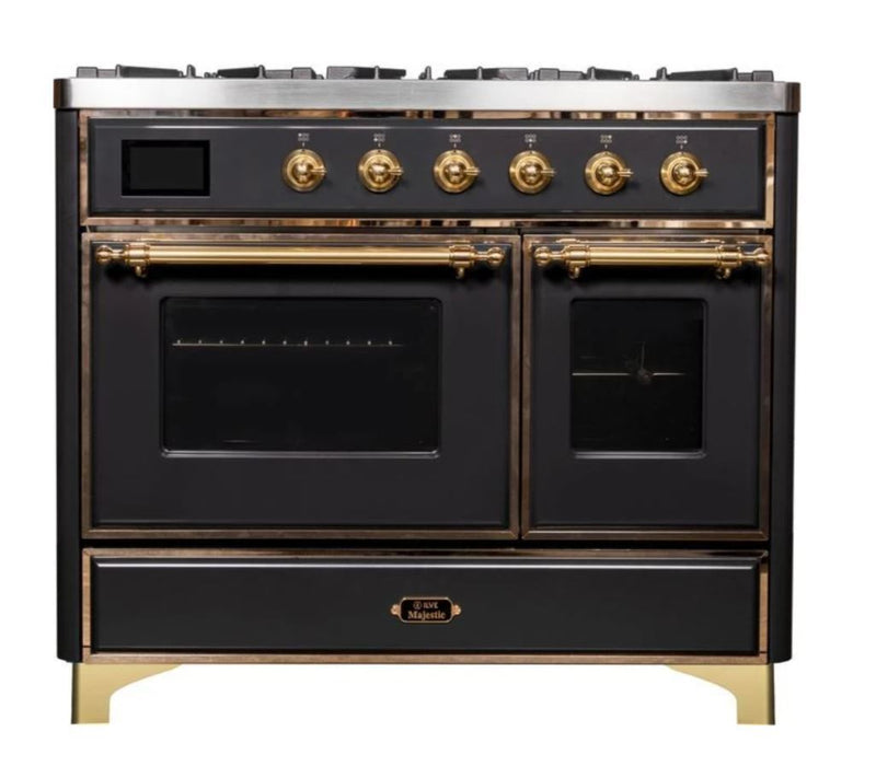 ILVE 40 Inch Majestic II Series Natural Gas/ Propane Gas Burner and Electric Oven with 6 Sealed Burners (UMD10FDNS3) - Matte Graphite with Brass Trim