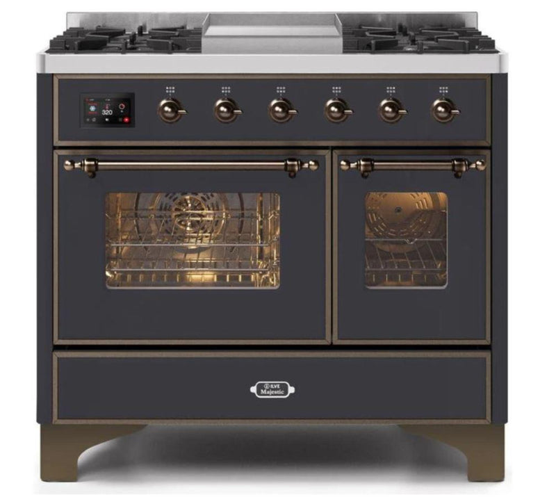 ILVE 40 Inch Majestic II Series Natural Gas/ Propane Gas Burner and Electric Oven with 6 Sealed Burners (UMD10FDNS3) - Matte Graphite with Bronze Trim