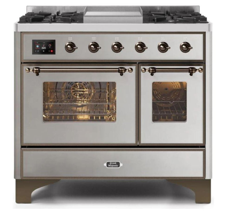 ILVE 40 Inch Majestic II Series Natural Gas/ Propane Gas Burner and Electric Oven with 6 Sealed Burners (UMD10FDNS3) - Stainless Steel with Bronze Trim