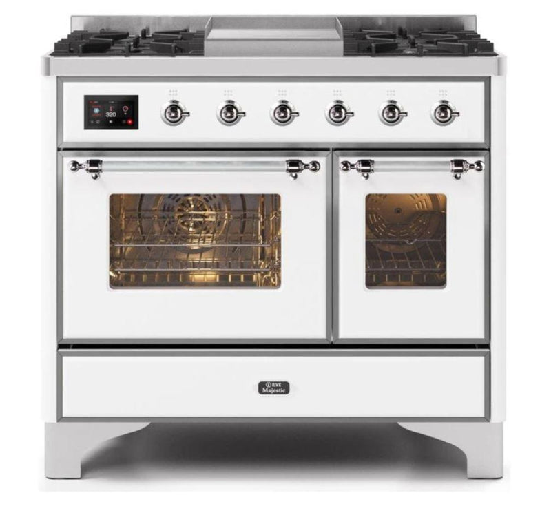 ILVE 40 Inch Majestic II Series Natural Gas/ Propane Gas Burner and Electric Oven with 6 Sealed Burners (UMD10FDNS3) - White with Chrome Trim
