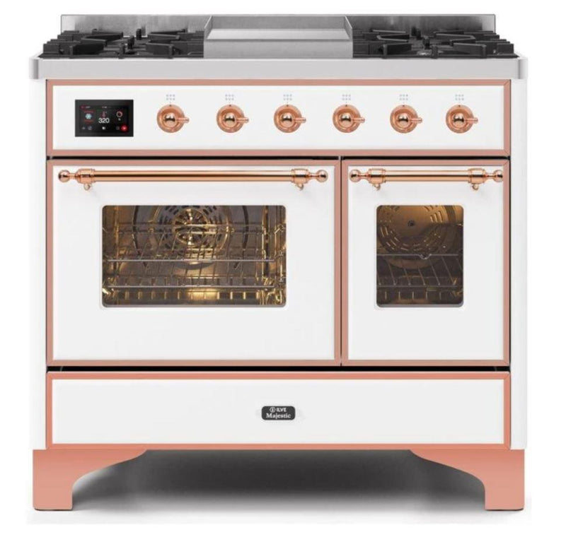 ILVE 40 Inch Majestic II Series Natural Gas/ Propane Gas Burner and Electric Oven with 6 Sealed Burners (UMD10FDNS3) - White with Copper Trim