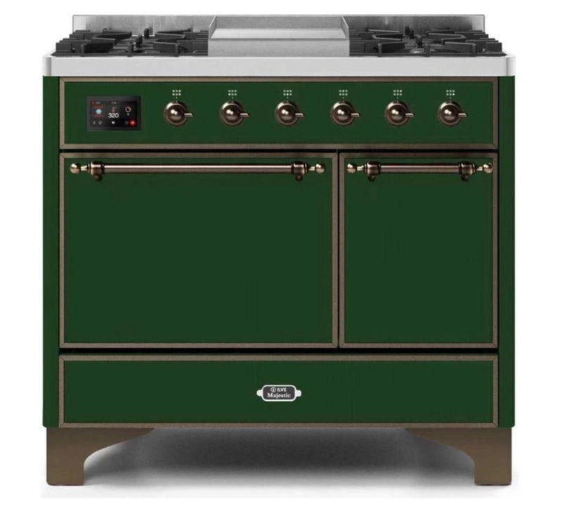ILVE 40 Inch Majestic II Series Natural/ Propane Gas Burner and Electric Oven Range with 6 Sealed Burners (UMD10FDQNS3) - Emerald Green with Bronze Trim