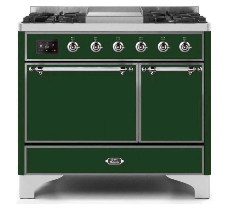 ILVE 40 Inch Majestic II Series Natural/ Propane Gas Burner and Electric Oven Range with 6 Sealed Burners (UMD10FDQNS3) - Emerald Green with Chrome Trim