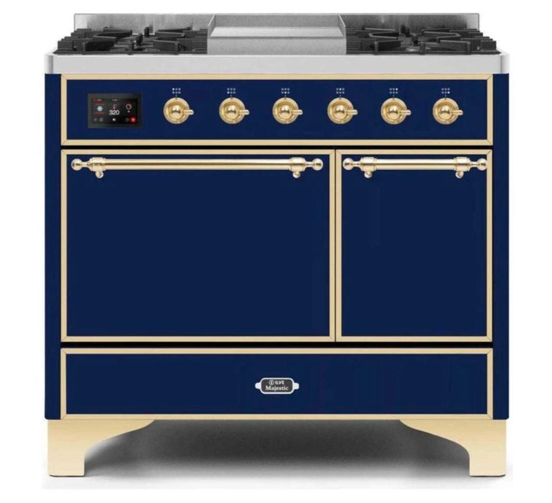 ILVE 40 Inch Majestic II Series Natural/ Propane Gas Burner and Electric Oven Range with 6 Sealed Burners (UMD10FDQNS3) - Midnight Blue with Brass Trim