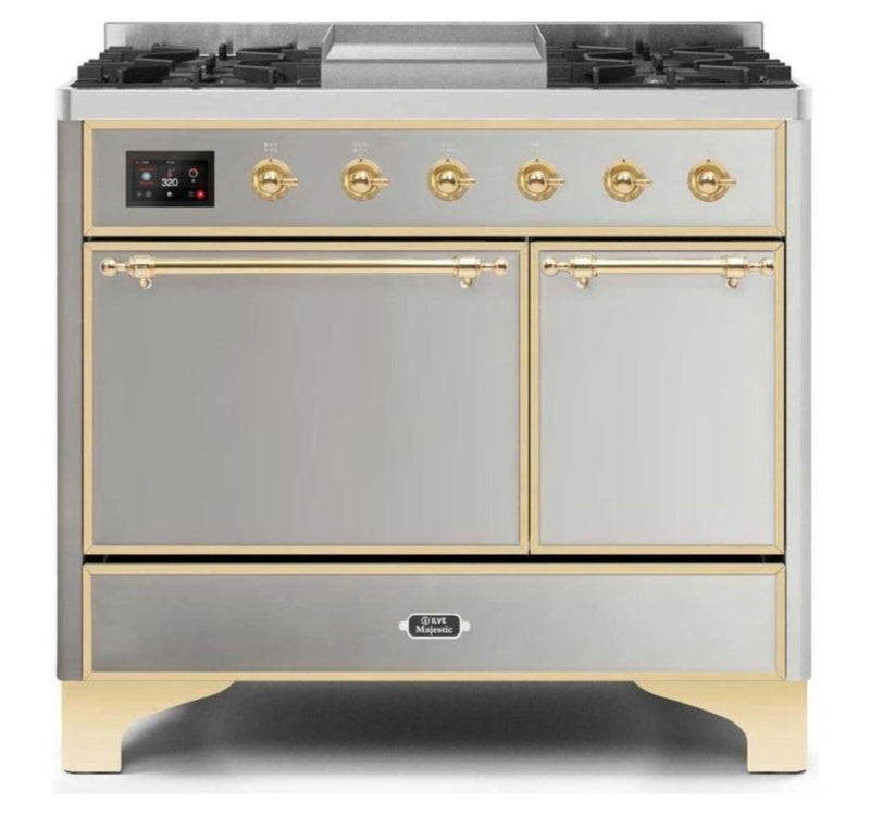 ILVE 40 Inch Majestic II Series Natural/ Propane Gas Burner and Electric Oven Range with 6 Sealed Burners (UMD10FDQNS3) - Stainless Steel with Brass Trim