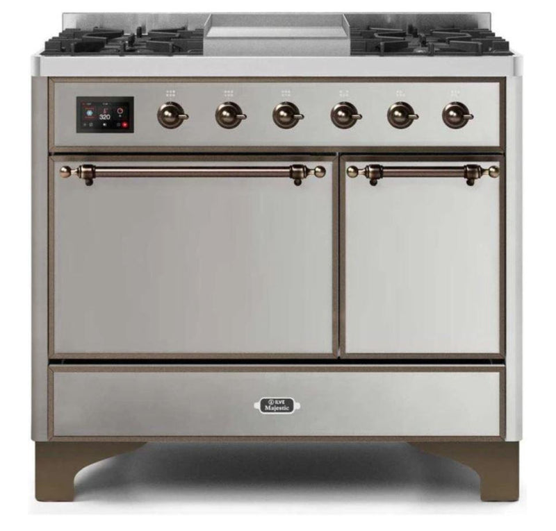 ILVE 40 Inch Majestic II Series Natural/ Propane Gas Burner and Electric Oven Range with 6 Sealed Burners (UMD10FDQNS3) - Stainless Steel with Bronze Trim