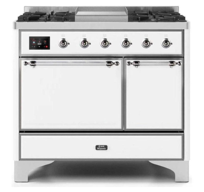 ILVE 40 Inch Majestic II Series Natural/ Propane Gas Burner and Electric Oven Range with 6 Sealed Burners (UMD10FDQNS3) - White with Chrome Trim
